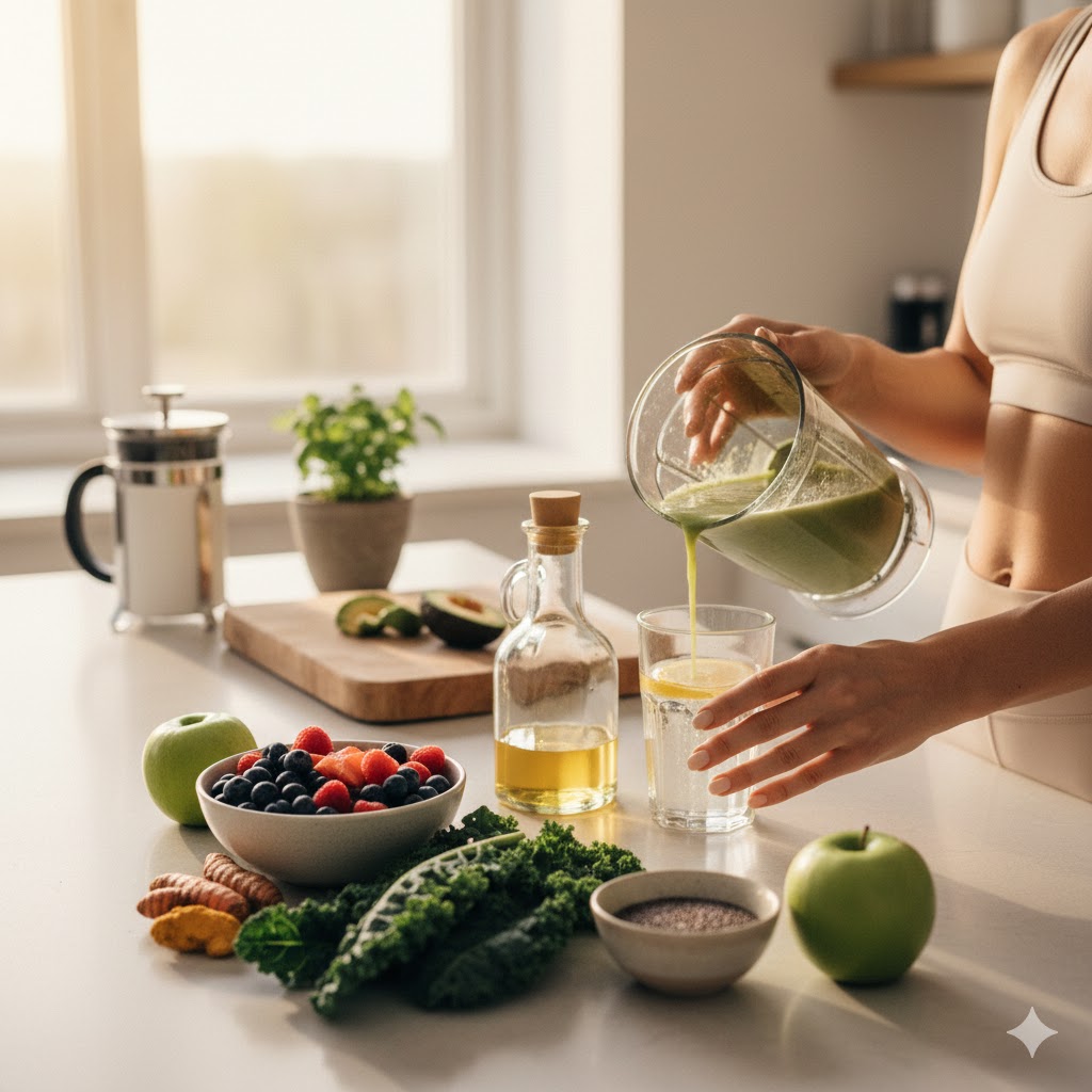 朝日を浴びるキッチンとオーガニック食材