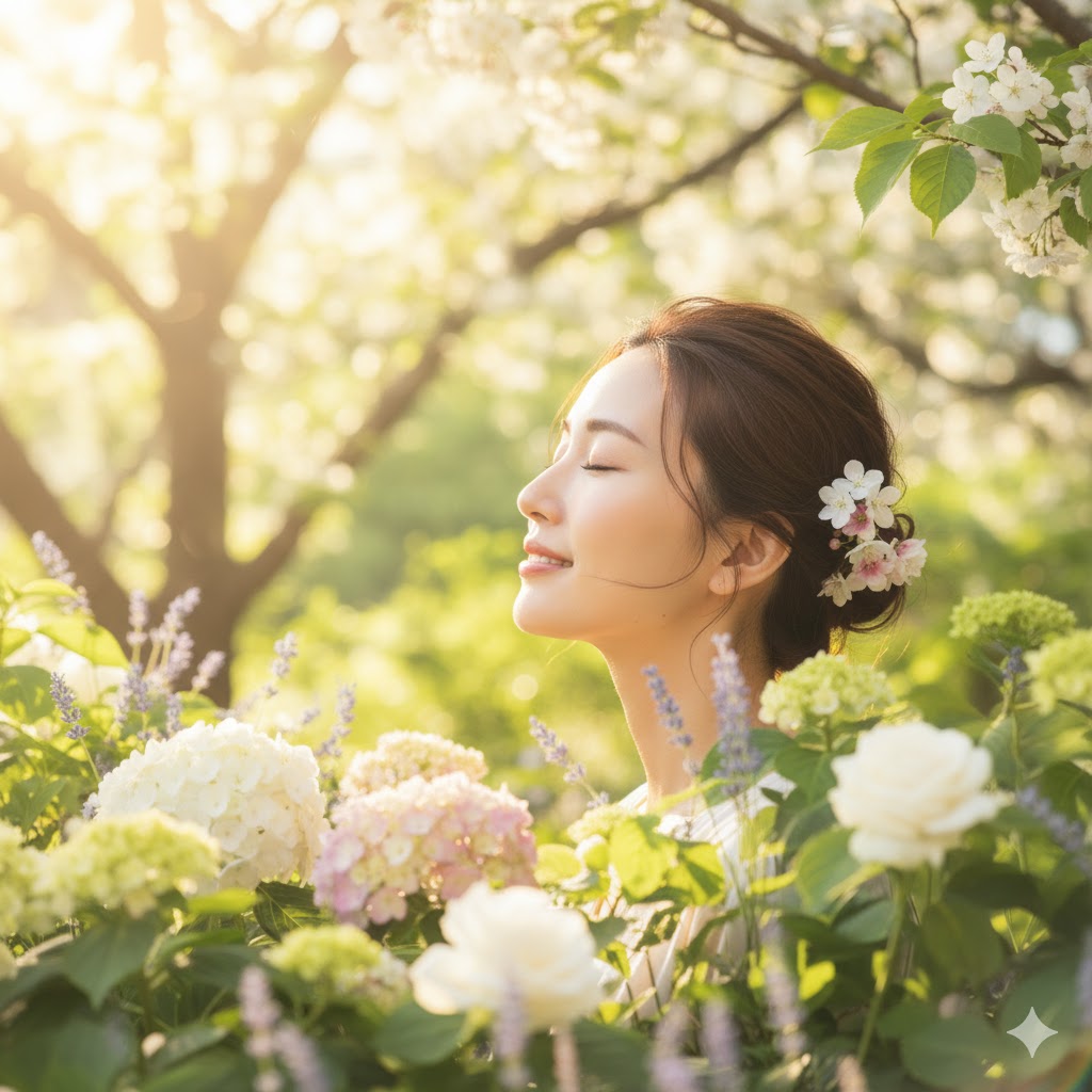 自然の中でリラックスする女性