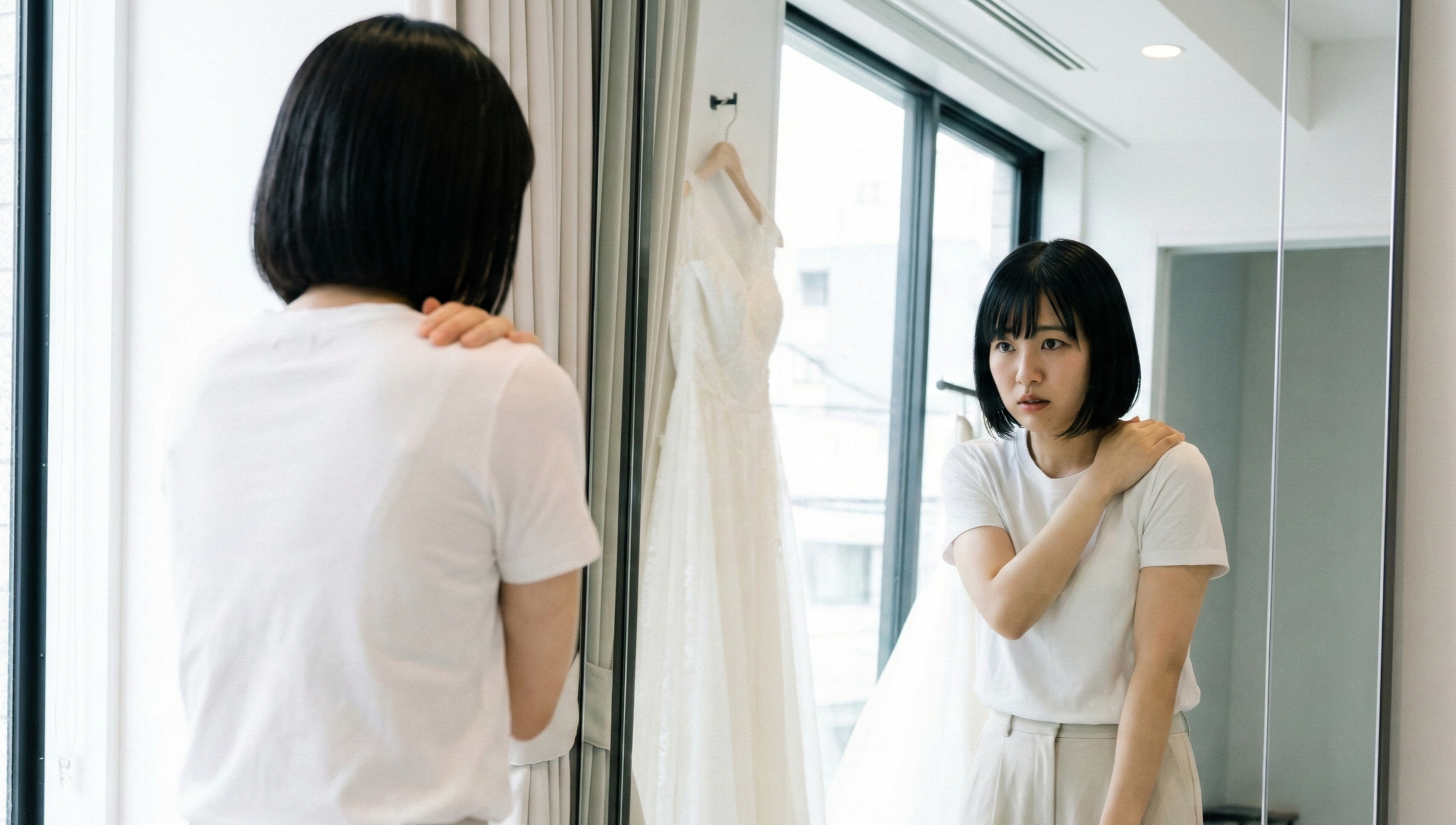 ドレス試着で巻き肩が気になるプレ花嫁のイメージ